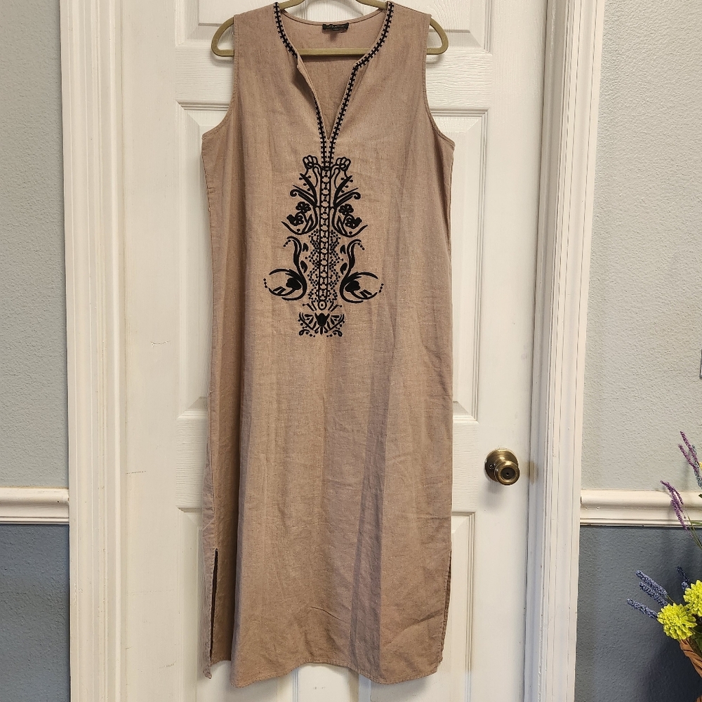 Linen Tan Sleeveless Dress with Black Embroidery. For Cynthia. Large